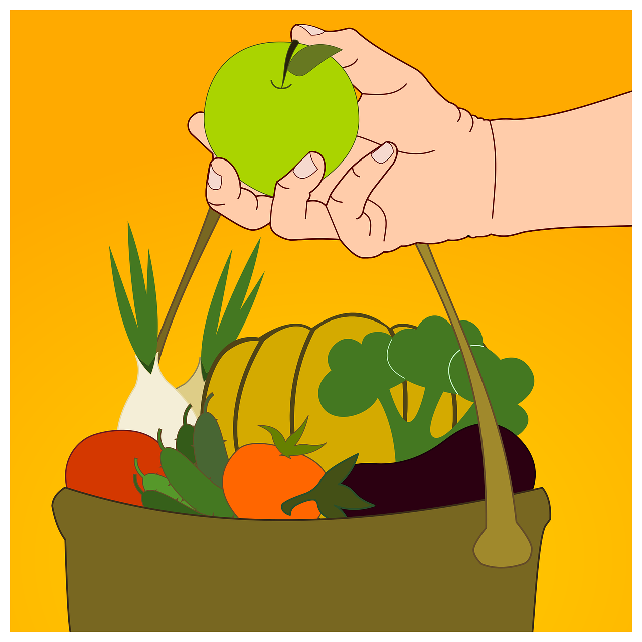 hand holding bag with food - broccoli, apple, tomato, potatoes