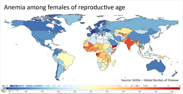 world map, colored in by anemia levels among women