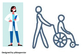 female doctor with white coat and mask; person pushing someone in wheelchair